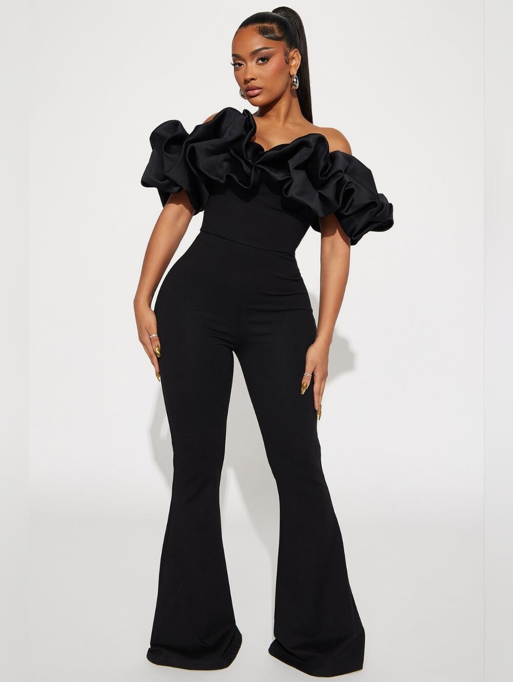 Fashion Nova Black Off-Shoulder Ruffle Flare Jumpsuit